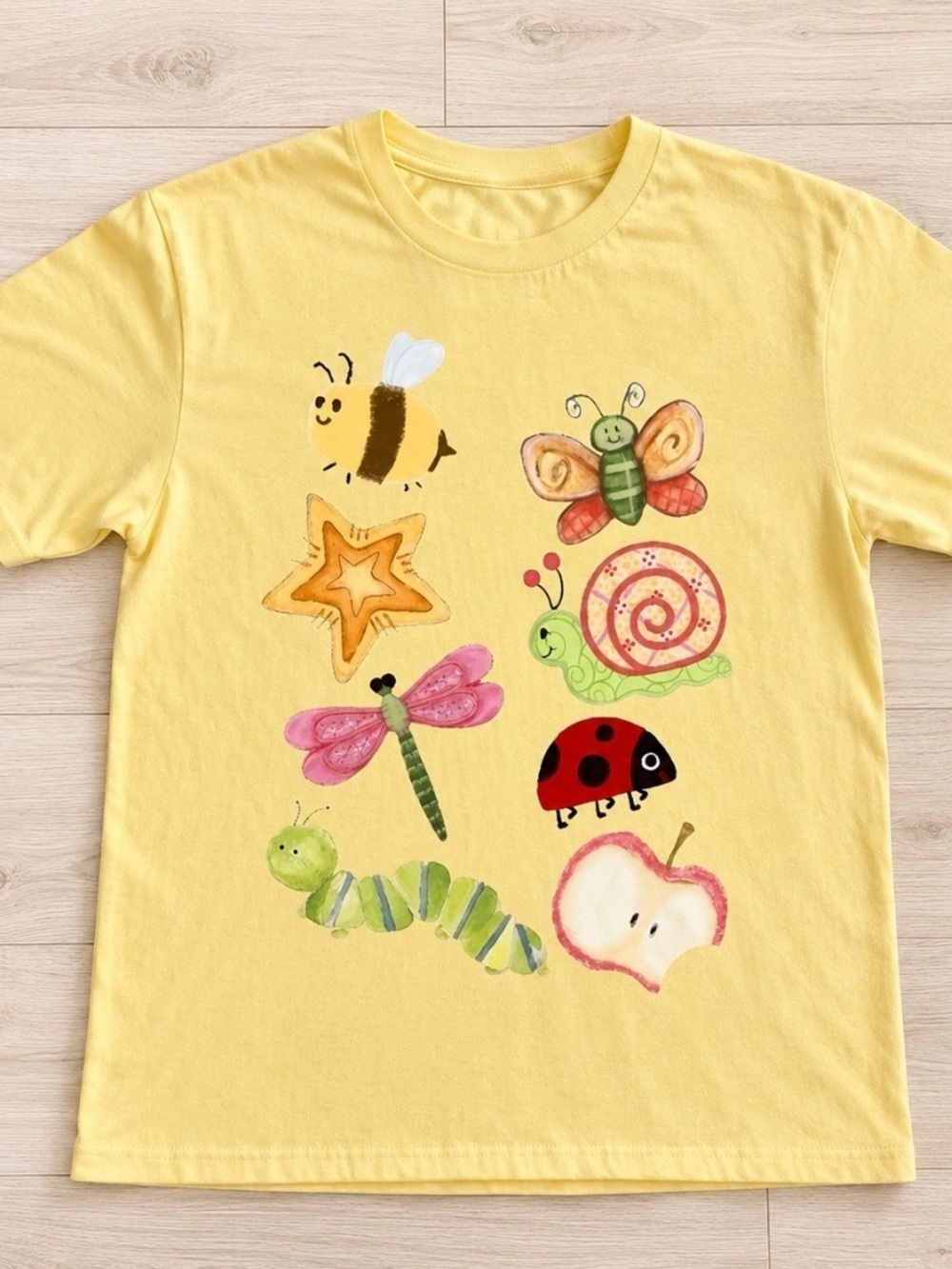 Gildan Yellow Kids' Tee with Colorful Bug & Fruit Graphics